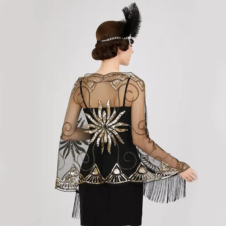 Beaded Sequin Vintage Shawl Black and Gold