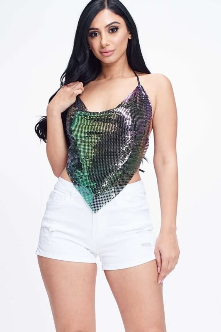 Holo Metallic Backless Cowl Halter