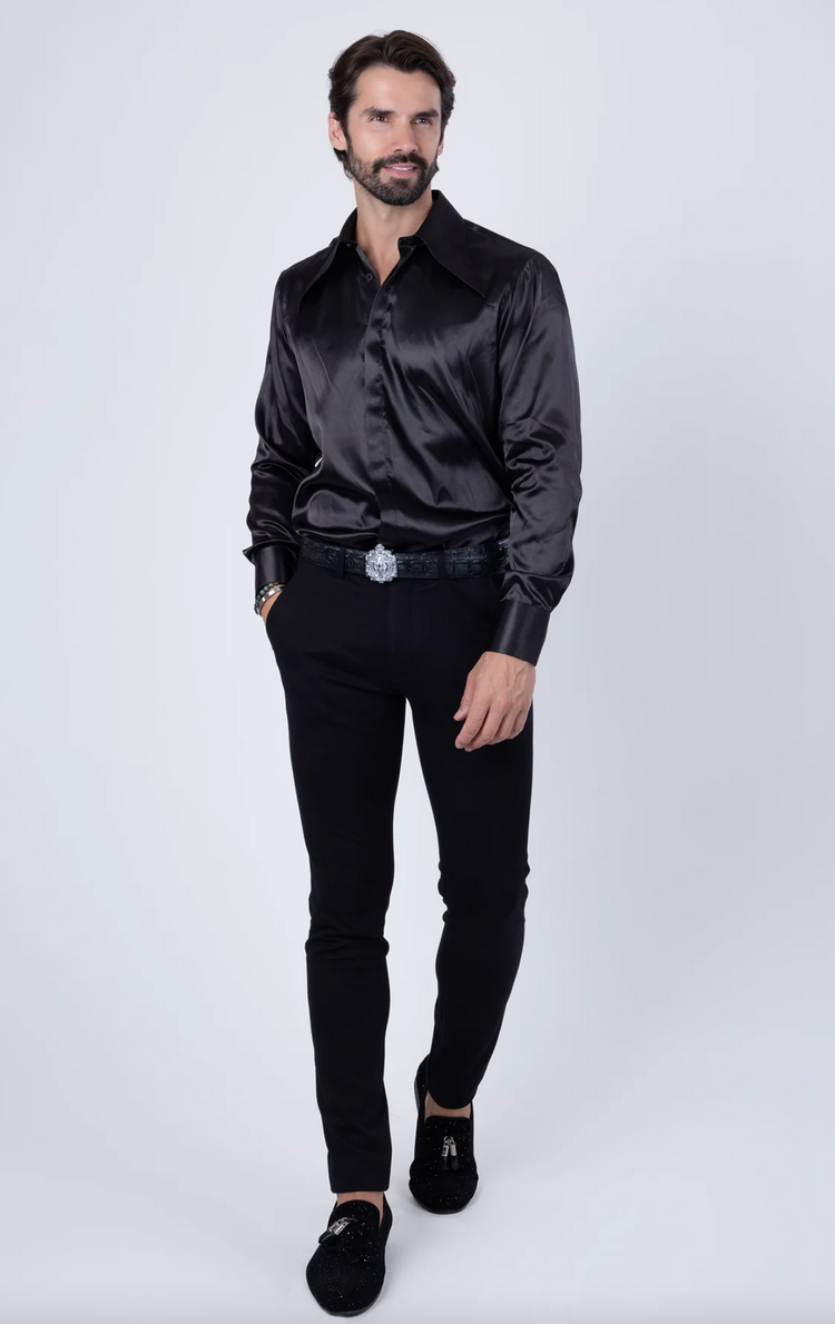 Spear Point Collar Satin Long Sleeve Shirt Black