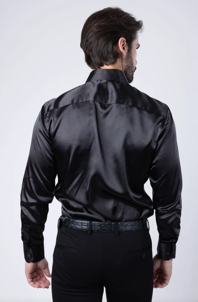 Spear Point Collar Satin Long Sleeve Shirt Black