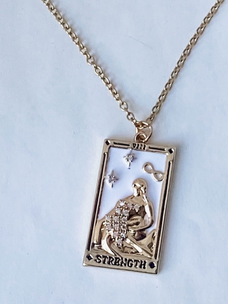 Steel 18k Gold Hand Engraved Tarot Card Necklace Strength