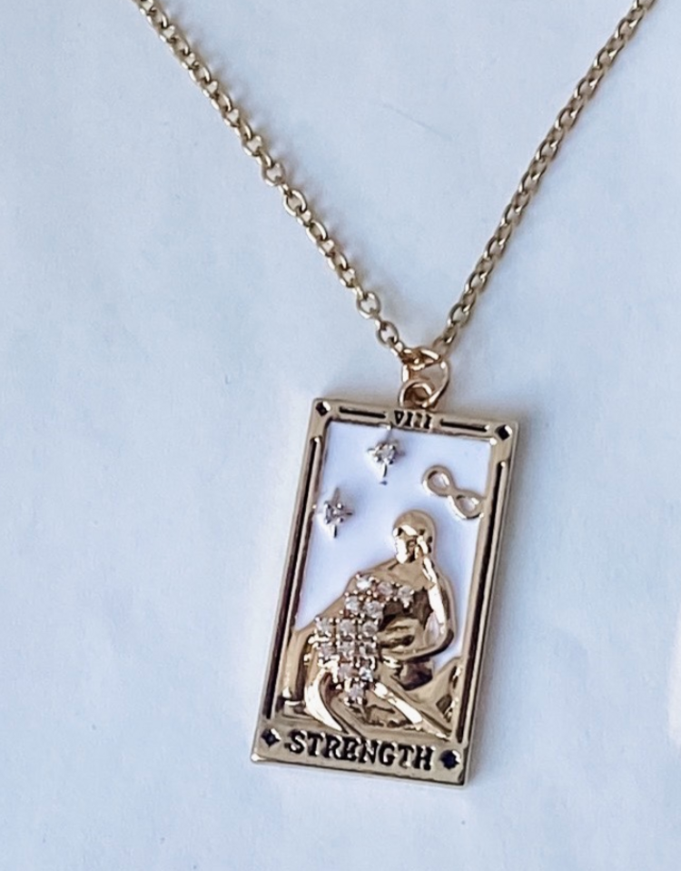 Steel 18k Gold Hand Engraved Tarot Card Necklace Strength