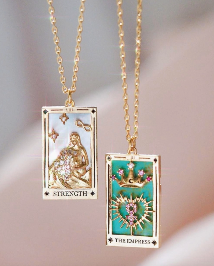 Steel 18k Gold Hand Engraved Tarot Card Necklace Strength