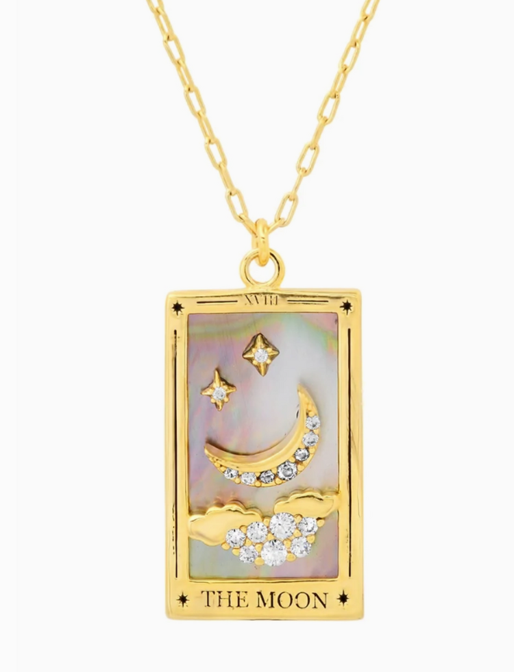 Steel 14k Gold Hand Engraved Tarot Card Necklace The Moon