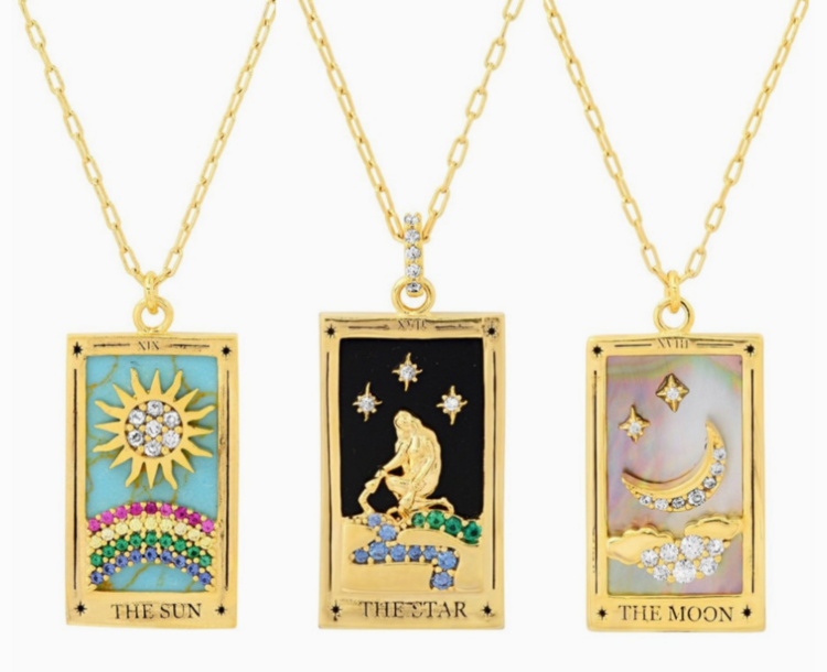 Steel 14k Gold Hand Engraved Tarot Card Necklace The Moon