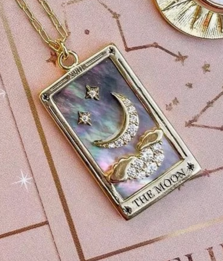 Steel 14k Gold Hand Engraved Tarot Card Necklace The Moon