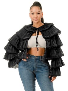 Bubble Hem Tiered Ruffled Organza Bolero Jacket Black