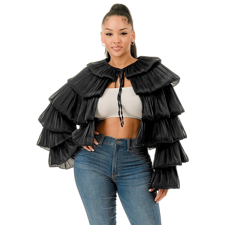 Bubble Hem Tiered Ruffled Organza Bolero Jacket Black