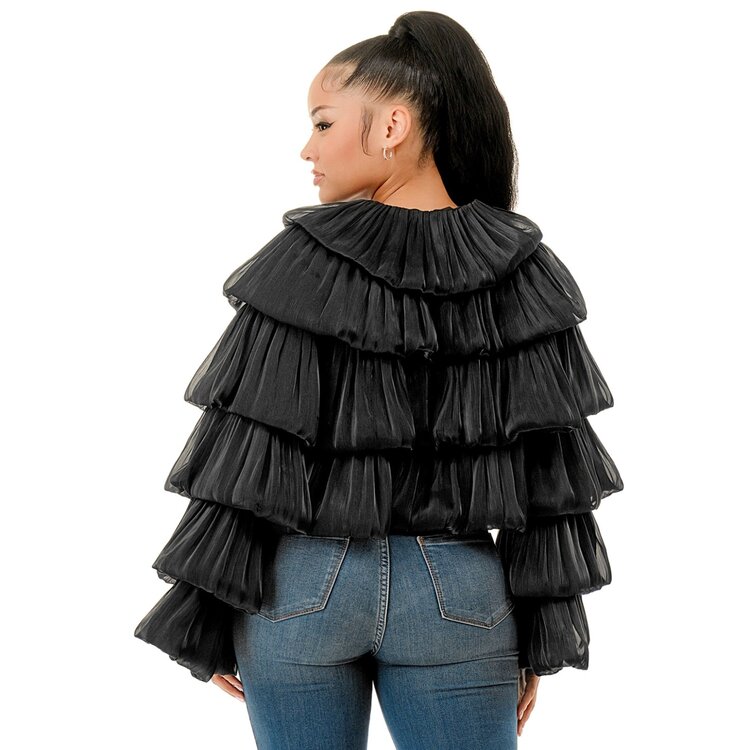 Bubble Hem Tiered Ruffled Organza Bolero Jacket Black