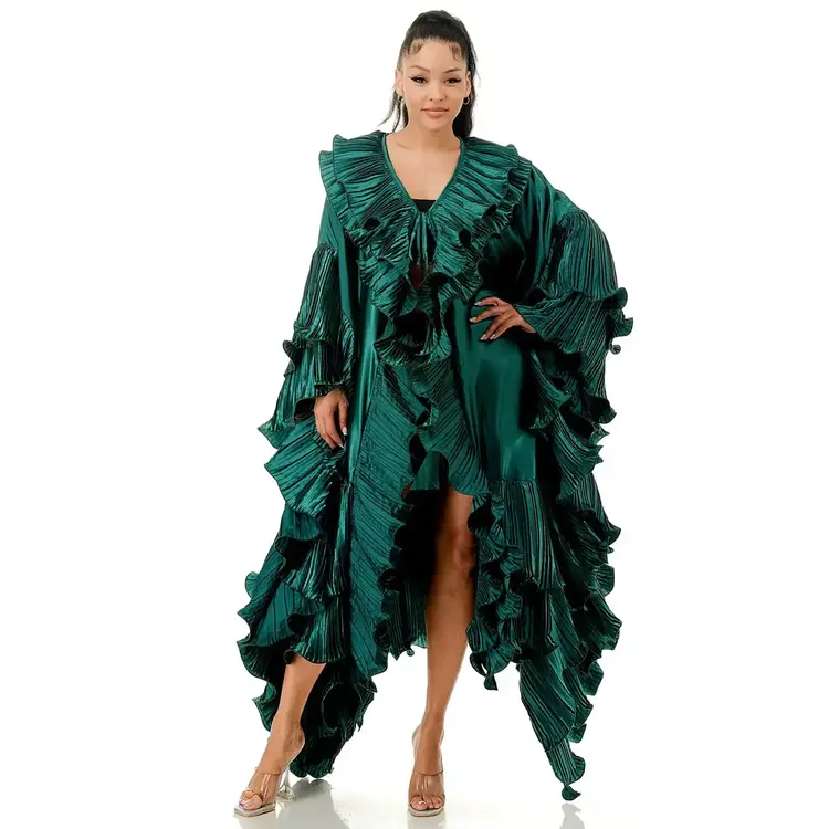 Pleated Ruffle Maxi Duster Coat Metallic Green