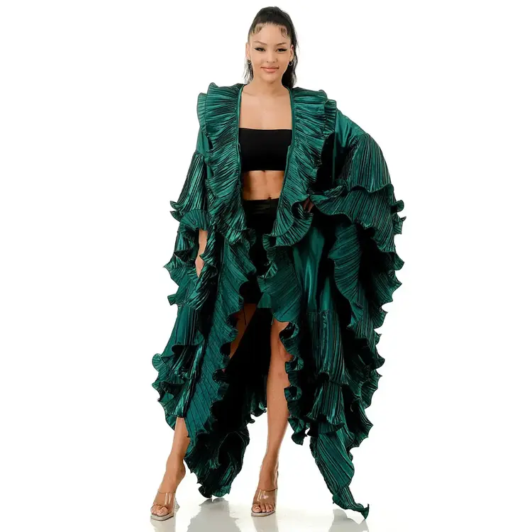 Pleated Ruffle Maxi Duster Coat Metallic Green
