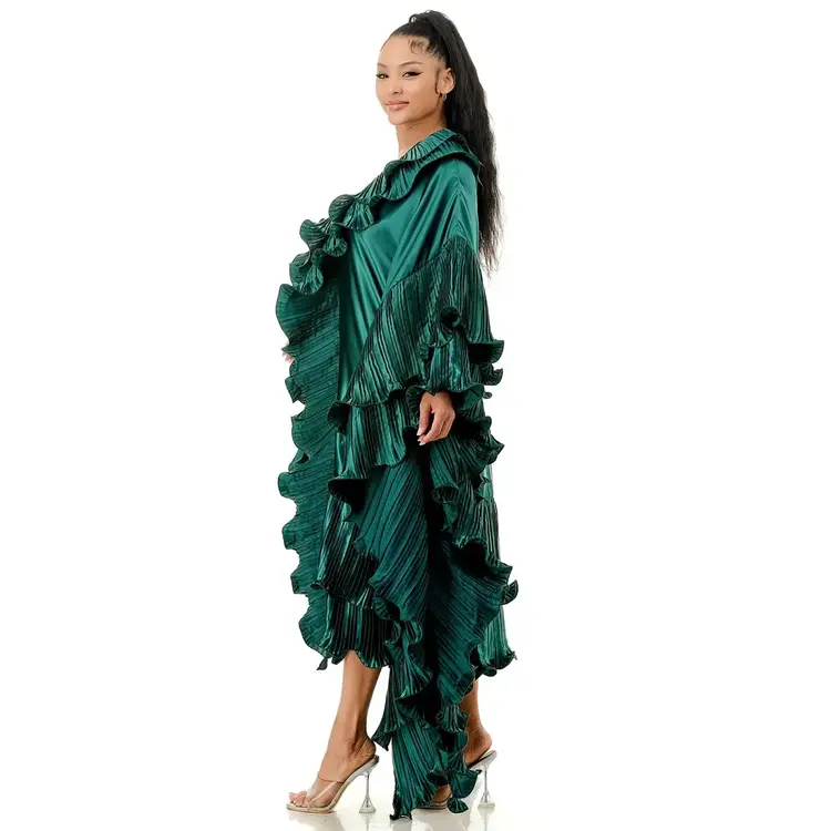 Pleated Ruffle Maxi Duster Coat Metallic Green