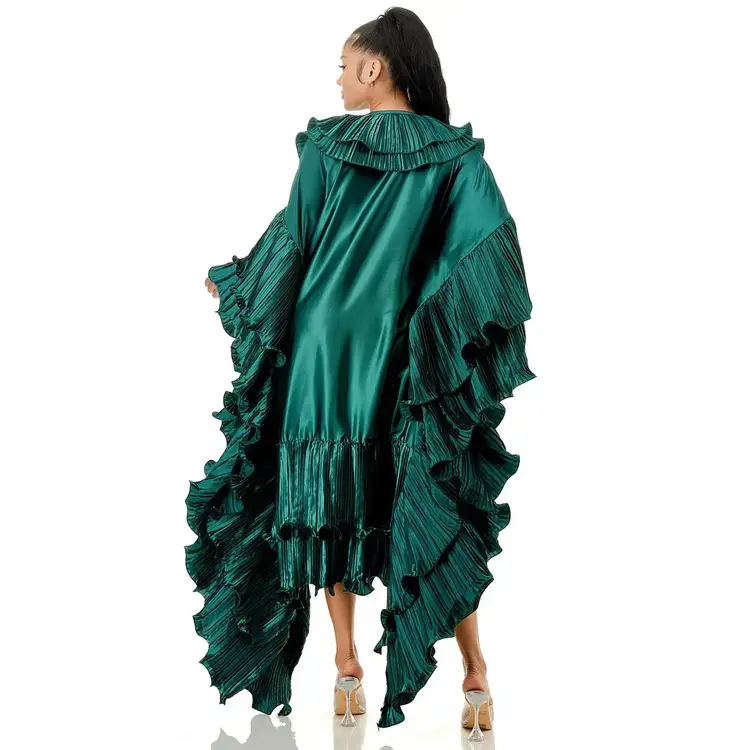 Pleated Ruffle Maxi Duster Coat Metallic Green