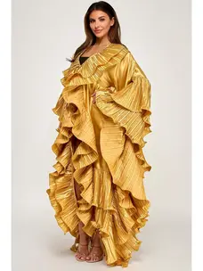 Pleated Ruffle  Maxi Duster Coat Gold