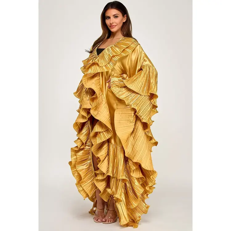 Pleated Ruffle  Maxi Duster Coat Gold