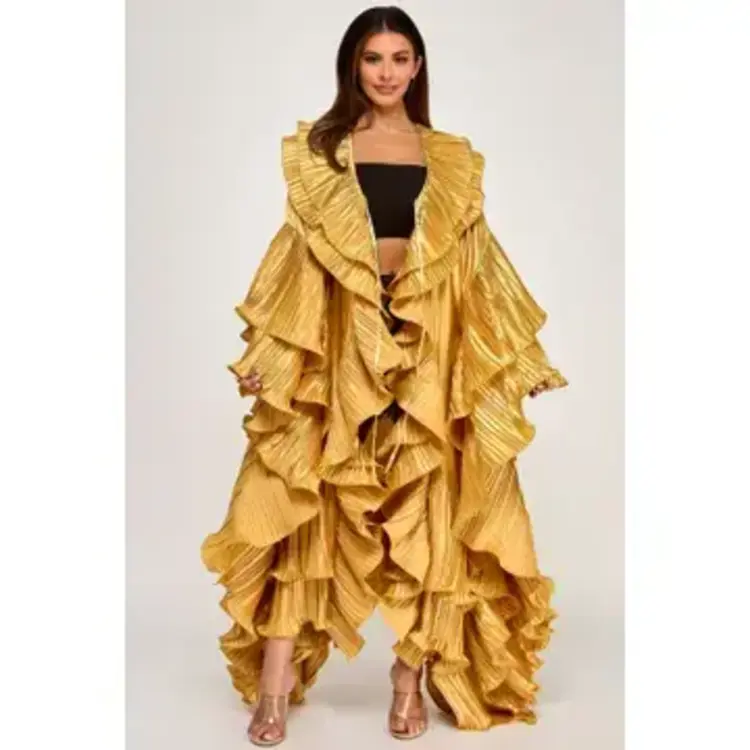 Pleated Ruffle  Maxi Duster Coat Gold