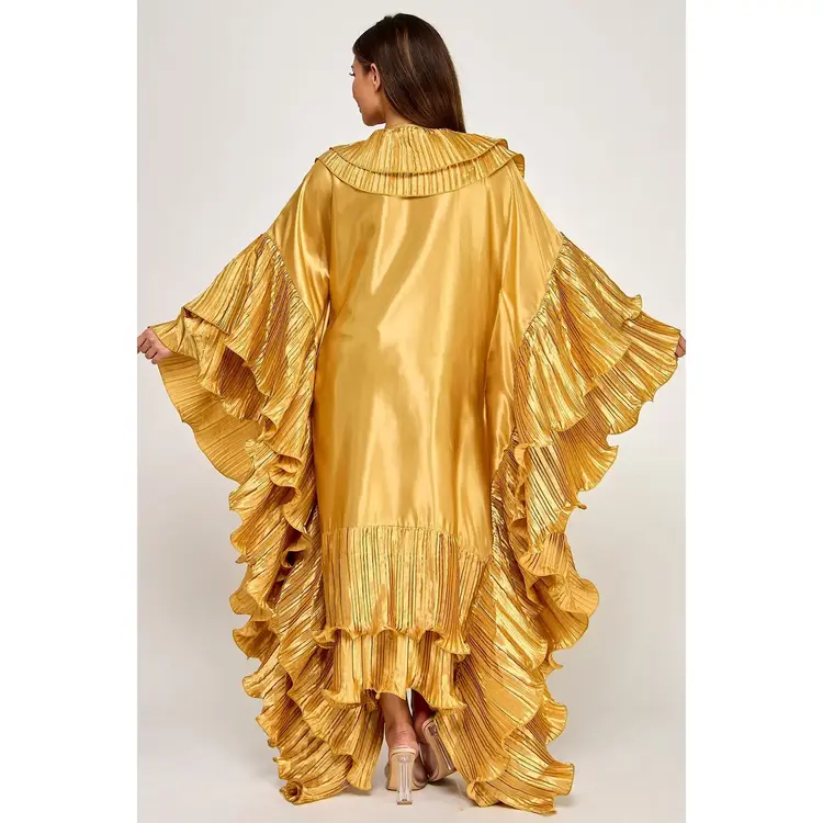 Pleated Ruffle  Maxi Duster Coat Gold