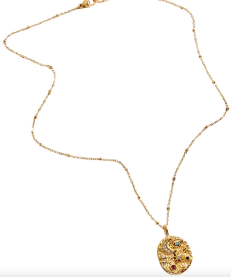 Steel 14k Gold Evil Eye Moon and Stars Confetti Coin Necklace