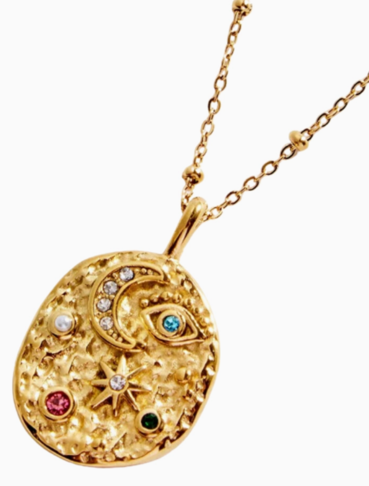 Steel 14k Gold Evil Eye Moon and Stars Confetti Coin Necklace