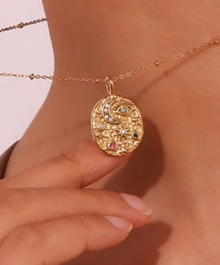 Steel 14k Gold Evil Eye Moon and Stars Confetti Coin Necklace