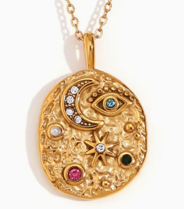 Steel 14k Gold Evil Eye Moon and Stars Confetti Coin Necklace