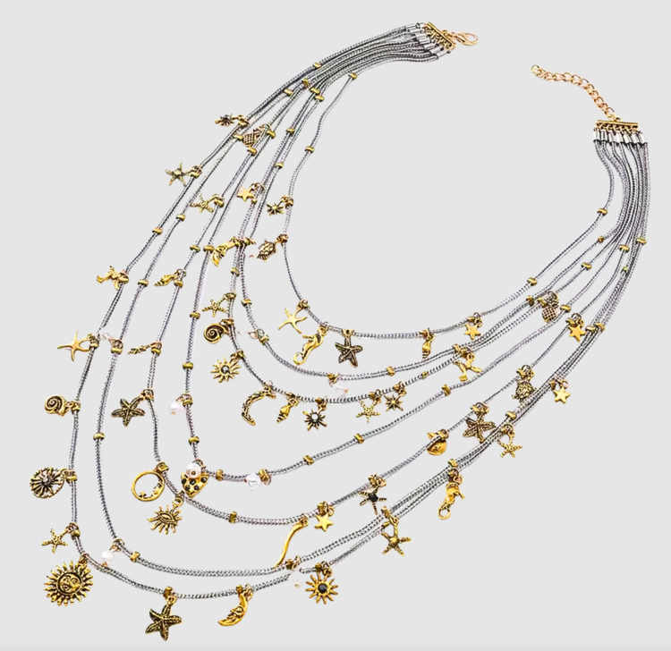 Steel 6 Layer Sea and Sun Charm Necklace