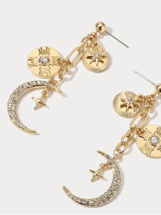 Celestial Moon and Sun Charm Coin Earring 14k Gold Plated