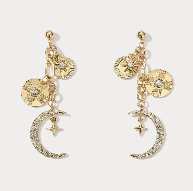 Celestial Moon and Sun Charm Coin Earring 14k Gold Plated
