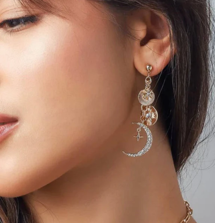 Celestial Moon and Sun Charm Coin Earring 14k Gold Plated