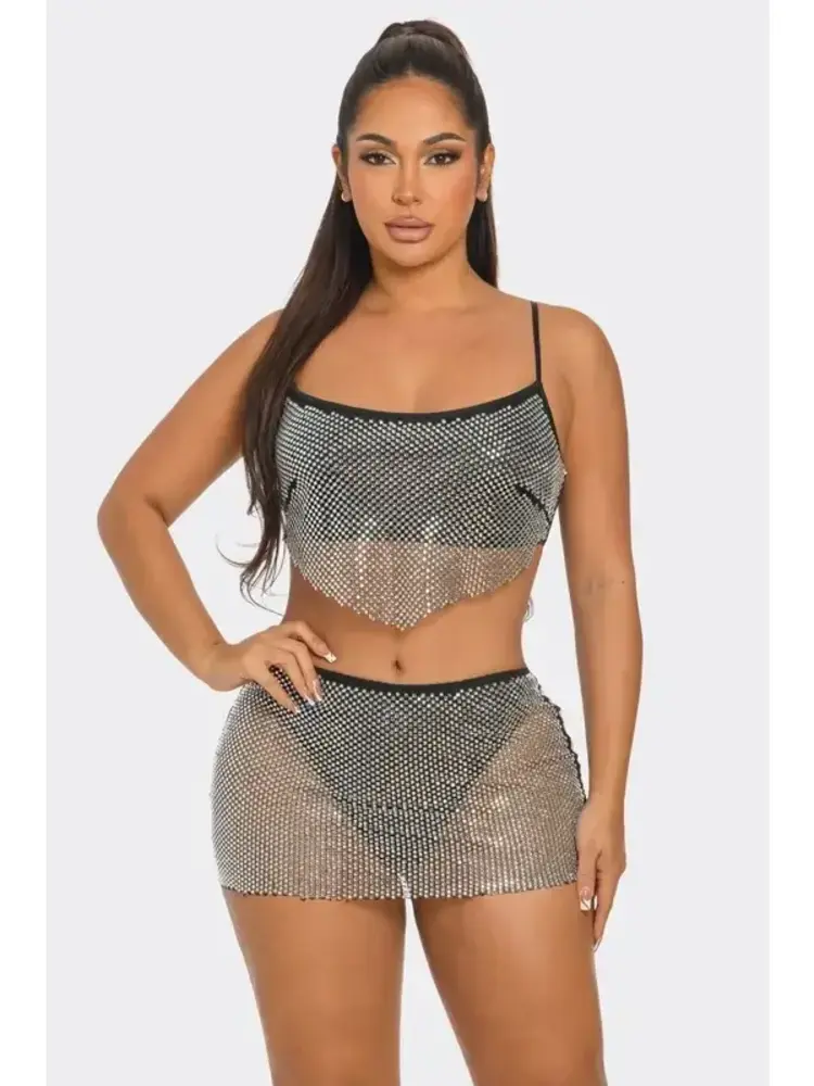 Rhinestone Fishnet Crop Top w/Mini Skirt Set Black