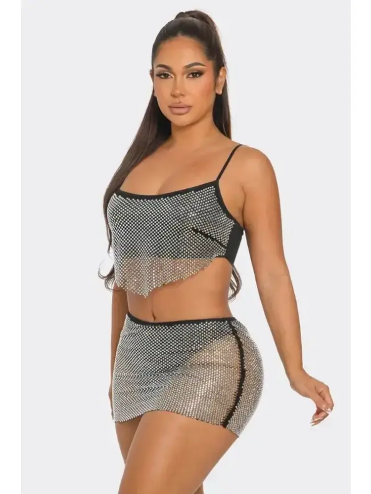Rhinestone Fishnet Crop Top w/Mini Skirt Set Black