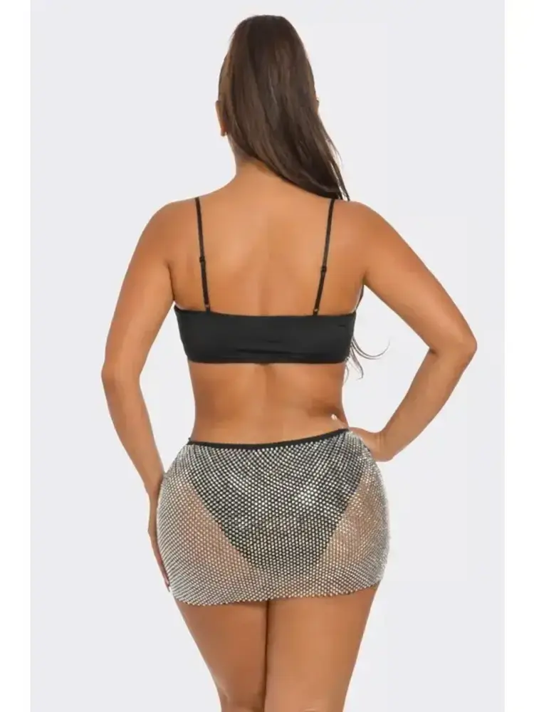 Rhinestone Fishnet Crop Top w/Mini Skirt Set Black