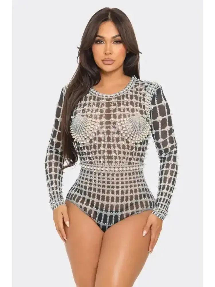 Shell Rhinestone/Pearl Embellished Bodysuit Black