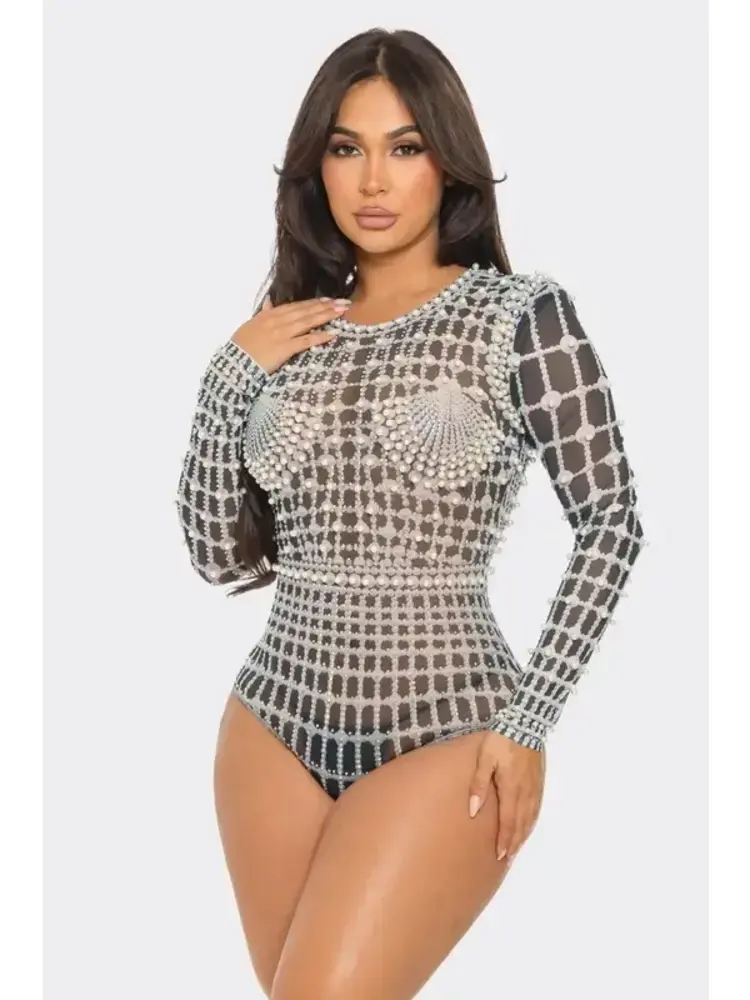 Shell Rhinestone/Pearl Embellished Bodysuit Black
