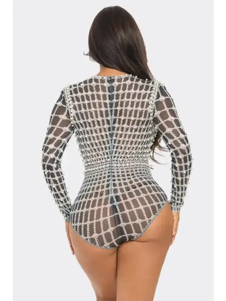 Shell Rhinestone/Pearl Embellished Bodysuit Black