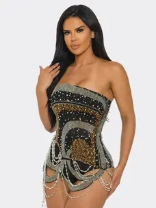 Pearl & Rhinestone Strapless Bodysuit Black Gold Silver