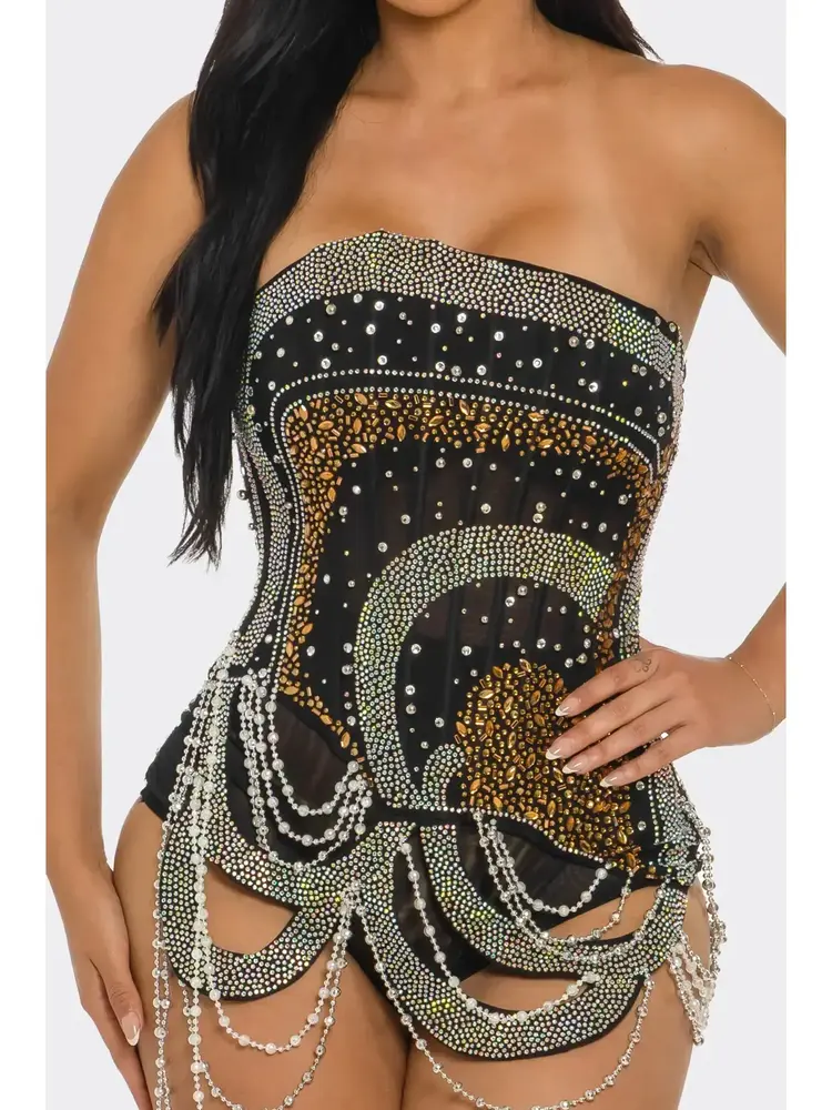 Pearl & Rhinestone Strapless Bodysuit Black Gold Silver