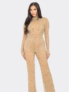 Rhinestone Mock Neck Long Sleeve Jumpsuit Nude & Green