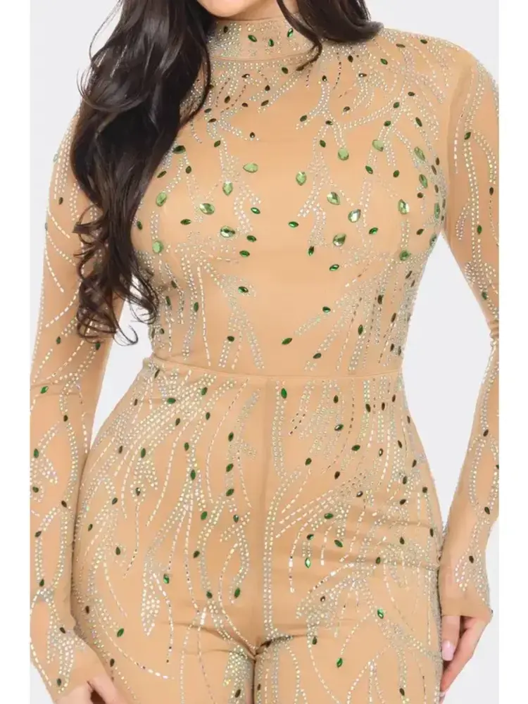 Rhinestone Mock Neck Long Sleeve Jumpsuit Nude & Green