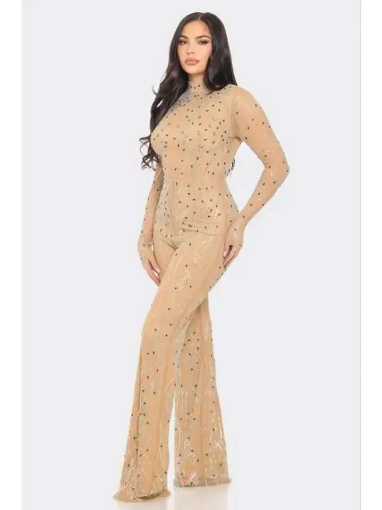 Rhinestone Mock Neck Long Sleeve Jumpsuit Nude & Green