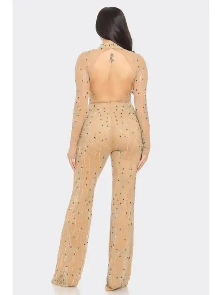 Rhinestone Mock Neck Long Sleeve Jumpsuit Nude & Green