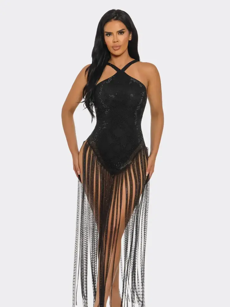 Halter Neck Tassel Rhinestone Dress Black