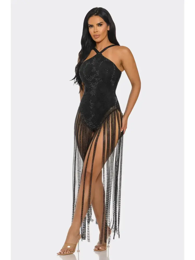 Halter Neck & Tassel & Rhinestone Maxi Dress Black