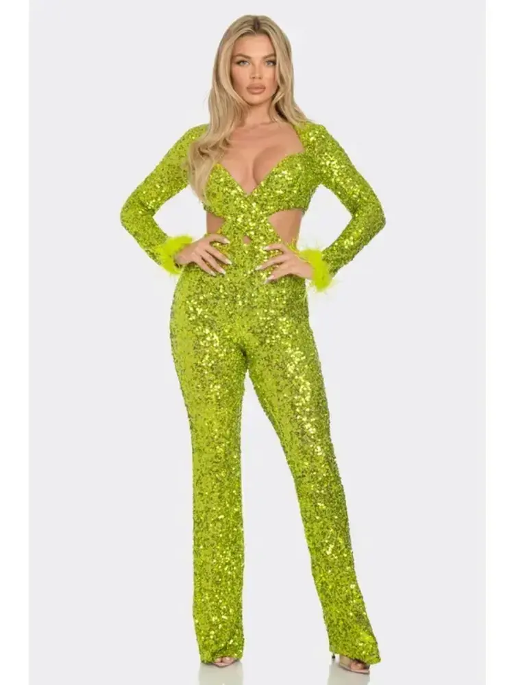 Sequin Criss Cross Long Sleeve Jumpsuit  Lime