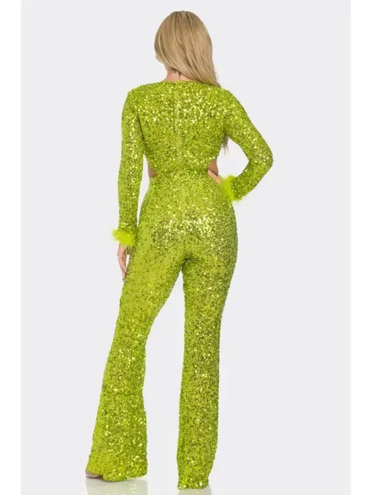 Sequin Criss Cross Long Sleeve Jumpsuit  Lime