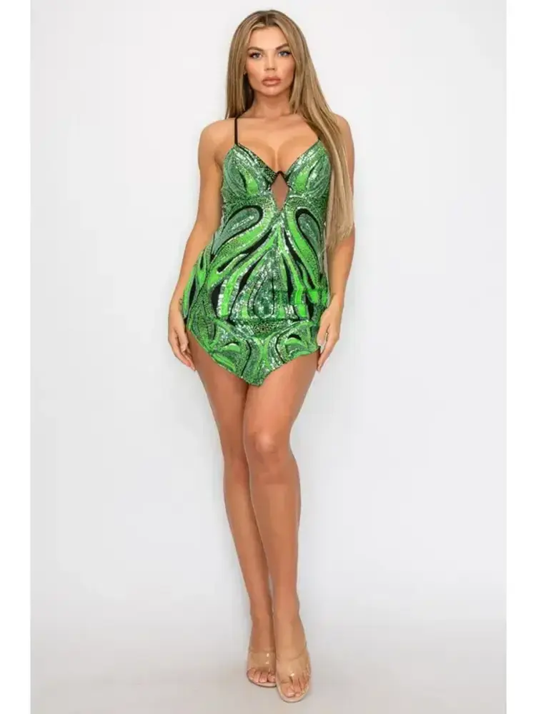 Sequin Paisley Print V-Neck Bodycon Dress Green Multi
