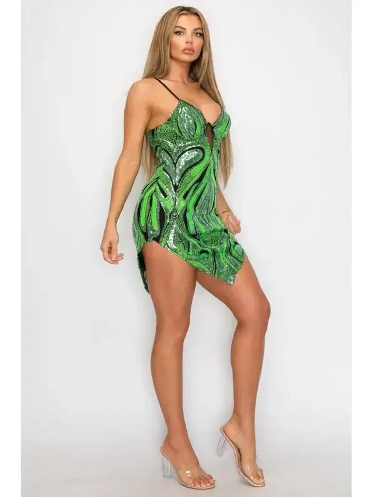 Sequin Paisley Print V-Neck Bodycon Dress Green Multi