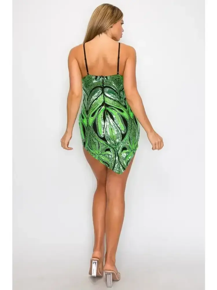 Sequin Paisley Print V-Neck Bodycon Dress Green Multi
