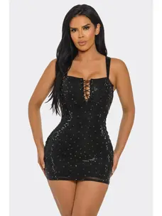 Rhinestone Suspender Mini Dress Black