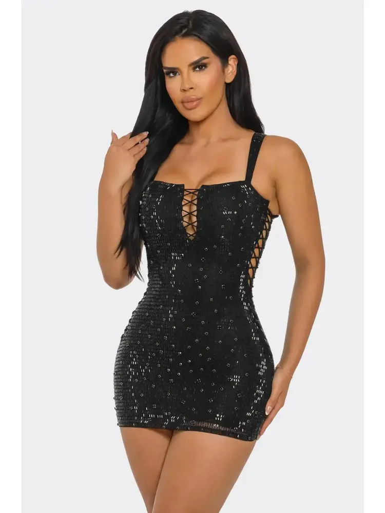 Rhinestone Suspender Mini Dress Black